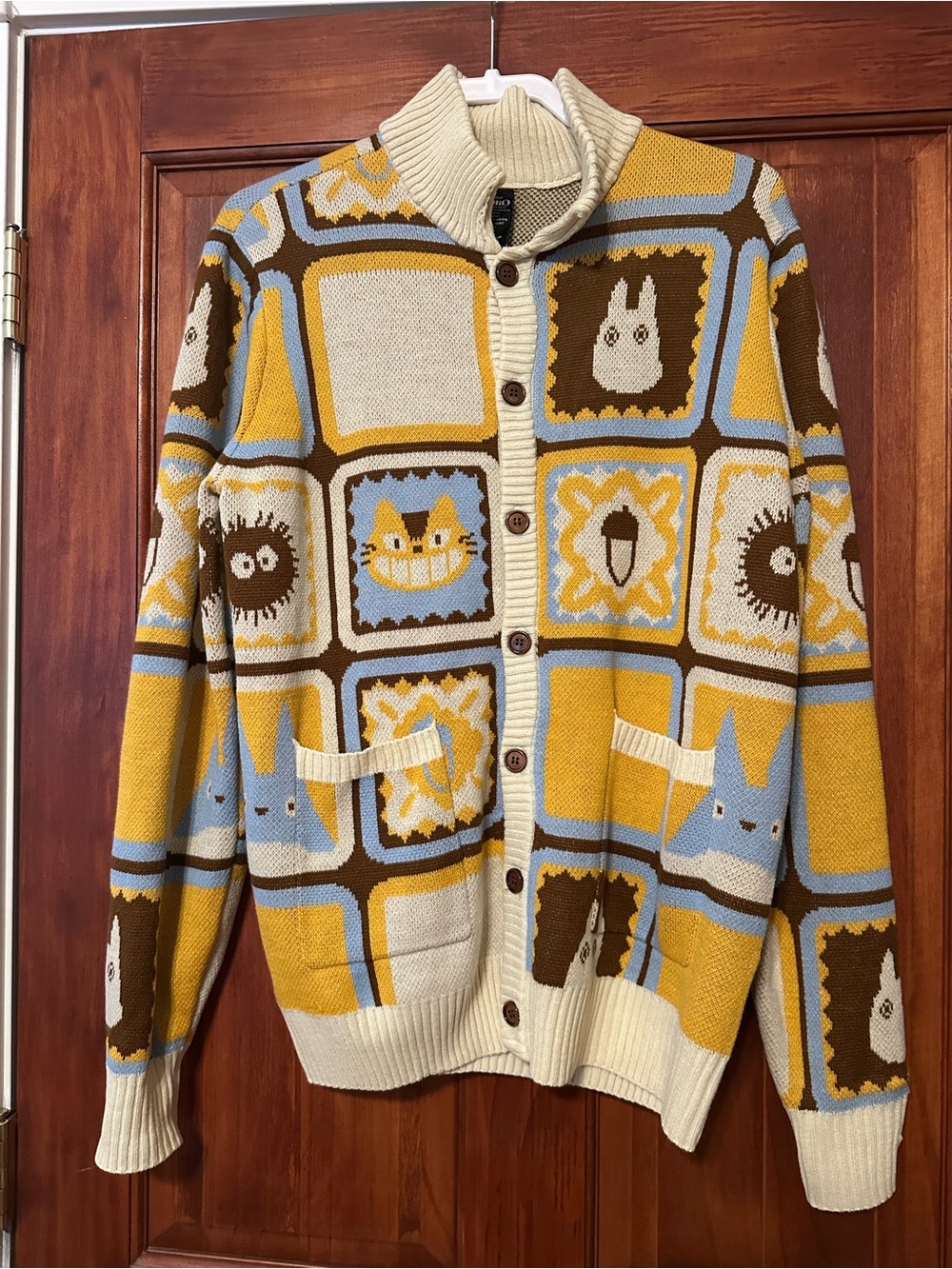 Hot Topic Cream, Mustard, Totoro from Studio Ghibli patchwork cardigan